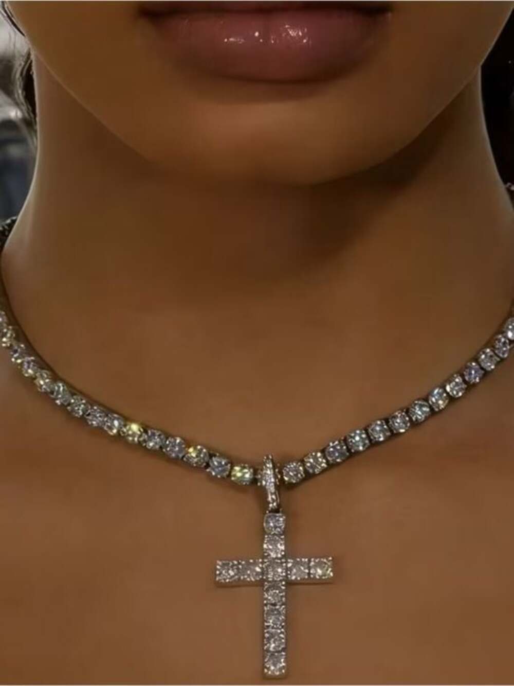 Diamond Cross Tennis Necklace - White Gold Tone